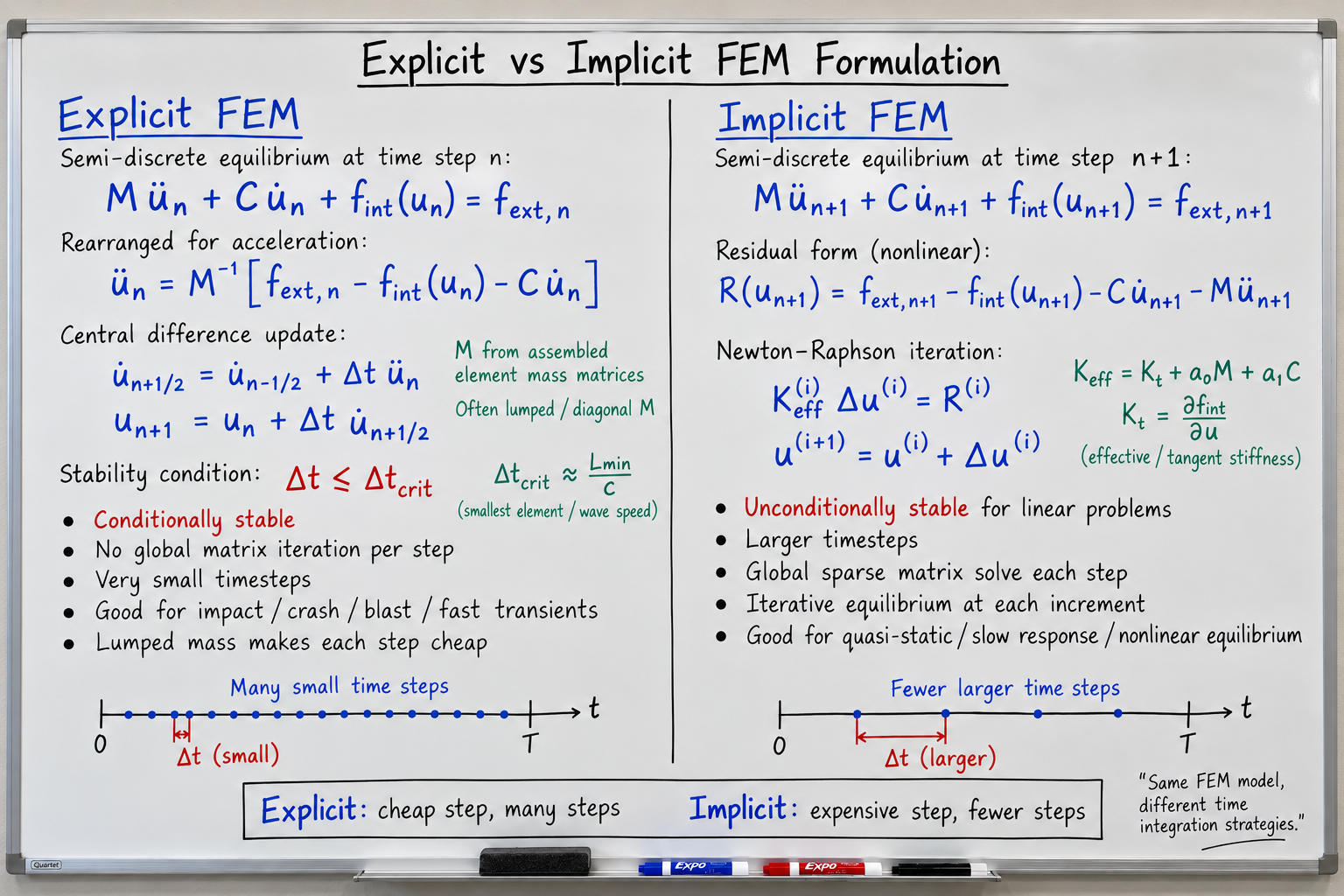 Whiteboard comparison of implicit and explicit finite element formulations