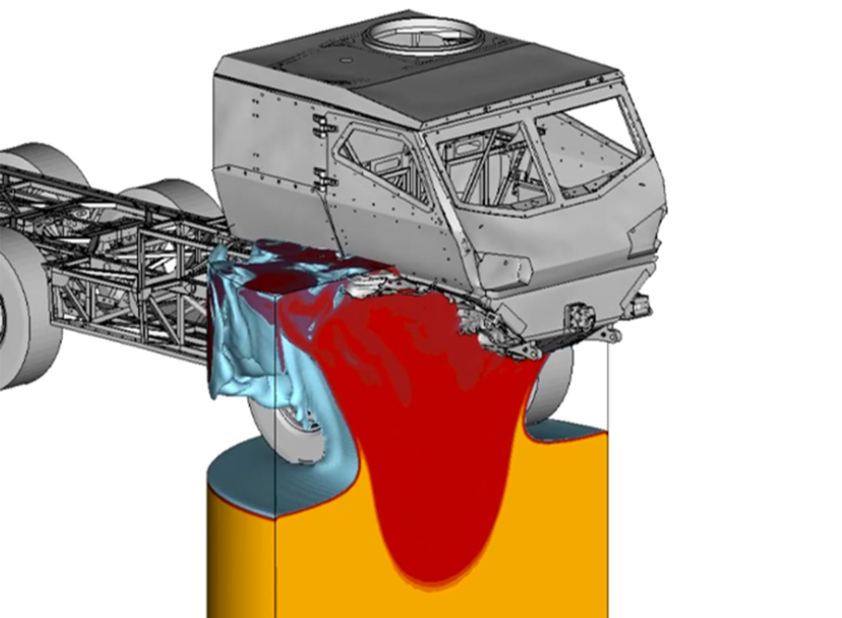 Material flow beneath a vehicle in a mine-blast simulation